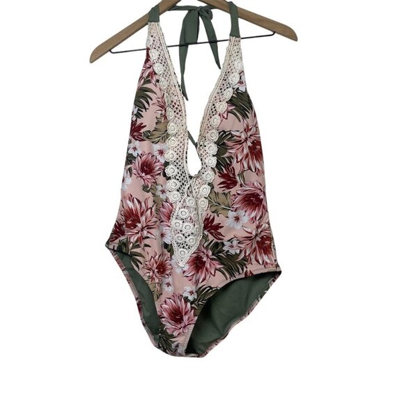 Kona Sol Other - Kona Sol Women’s One-Piece Swimsuit Size Large Peach Floral Crochet Trim Plunge